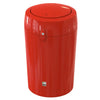 A trash can in red equipped with flip-top lids.