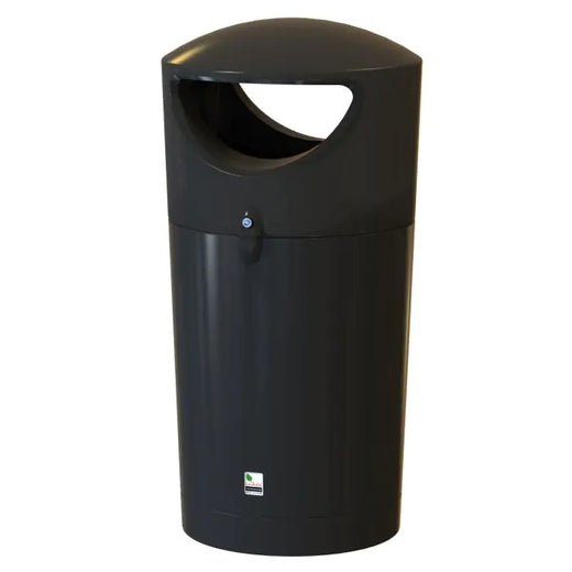 Round hooded trash can in black with two aperture