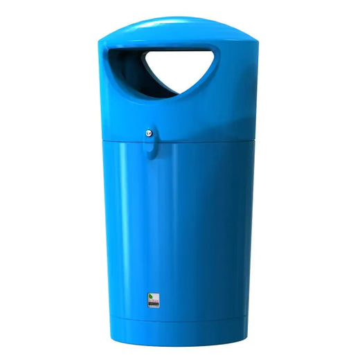 Blue round hooded trash can with double apertures.