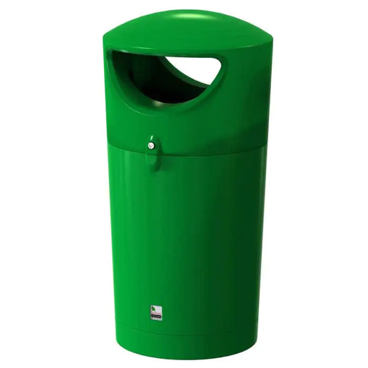 Green round hooded trash bin with open input slot.