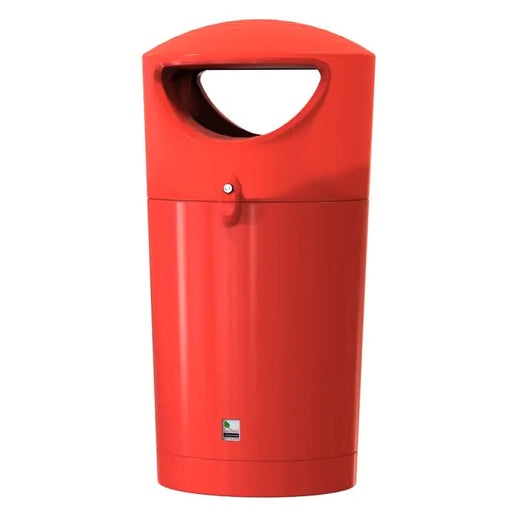 freestanding round hooded  trash can in red with two wide aperture.