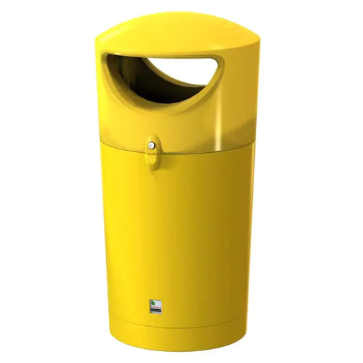 Yellow round hooded recycling bin with 2 wide openings. 