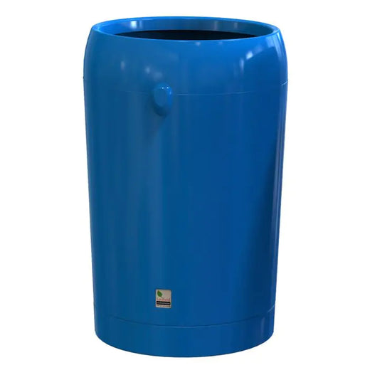 freestanding trash can in ultramarine blue with round lift off aperture. 