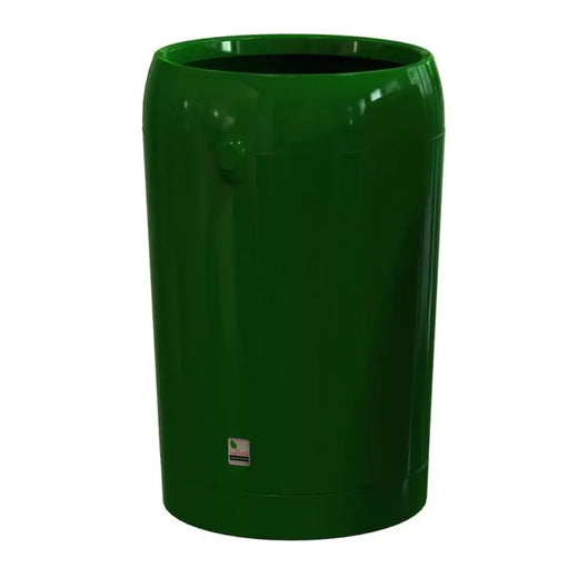 Green trash bin with round open top aperture. 