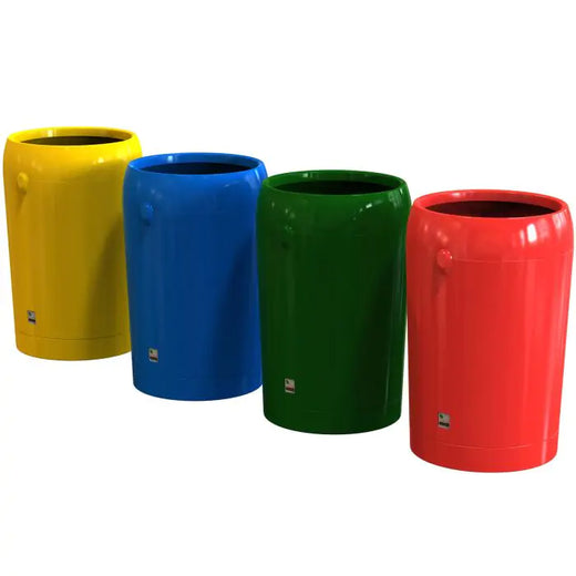 4 various color coded metro round open top litter bins.  1 yellow, 1 blue, 1 green, and 1 red.