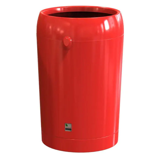 Waste bin in red with a open top lid.