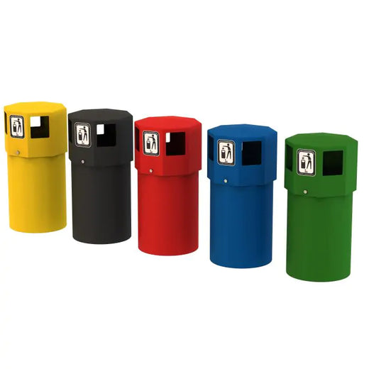 5 different colored litter bins with graphics and large apertures in yellow, black, red, blue and green.