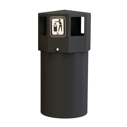 Black octagonal litter bin with four wide entry points and a lift-off lid.