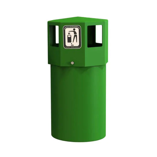 An octagon-shaped waste bin in green color with four wide openings and a removable lid.