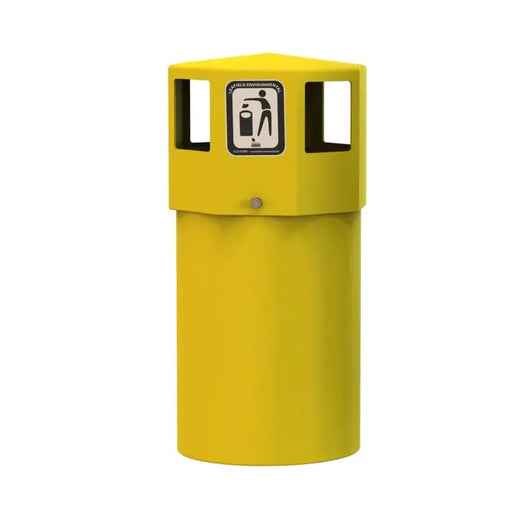 free-standing yellow trash bin in octagon shaped with 4 wide openings.
