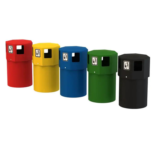 5 freestanding trash cans with wide receptables and comes in color red, yellow, blue, green and black. 
