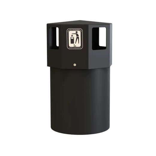 Black octagonal litter bin comes equipped with four wide entry points and a lift-off lid.