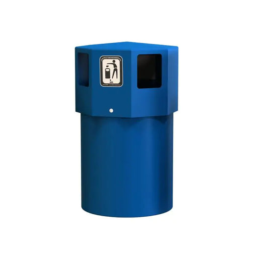 Blue octagon-shaped, standalone bin with four wide apertures and a detachable lid.