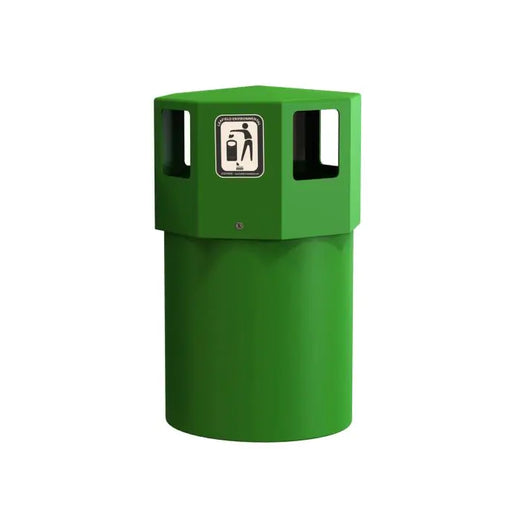 Green octagon-shaped standalone trash bin that features four large openings and a removable lid for easy waste disposal.