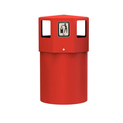standalone octagon shaped litter bin with 4 wide apertures and lift off lid in red color. 