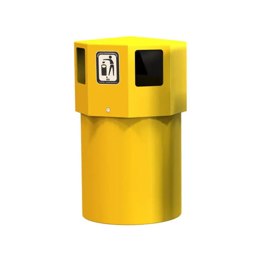 A standalone, octagon-shaped waste bin in yellow features a removable lid and four large openings.