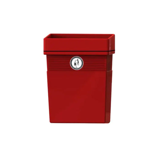 Red plastic mountable litter bin with tidyman logo to the front panel and large throwaway opening 