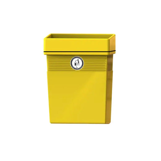 Yellow mountable litter bin with large open aperture and tidyman logo to the front