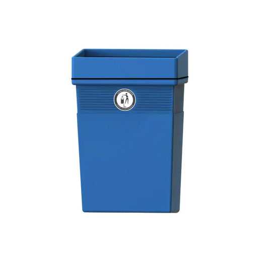 Blue mountable external litter bin with large opening for disposal and tidy man logo to the front