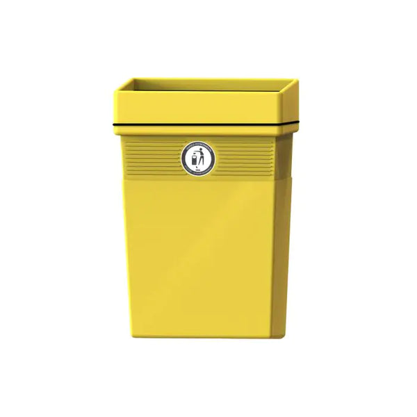 Yellow mountable litter bin with circular tidy man logo to the front and throwaway aperture to the lid