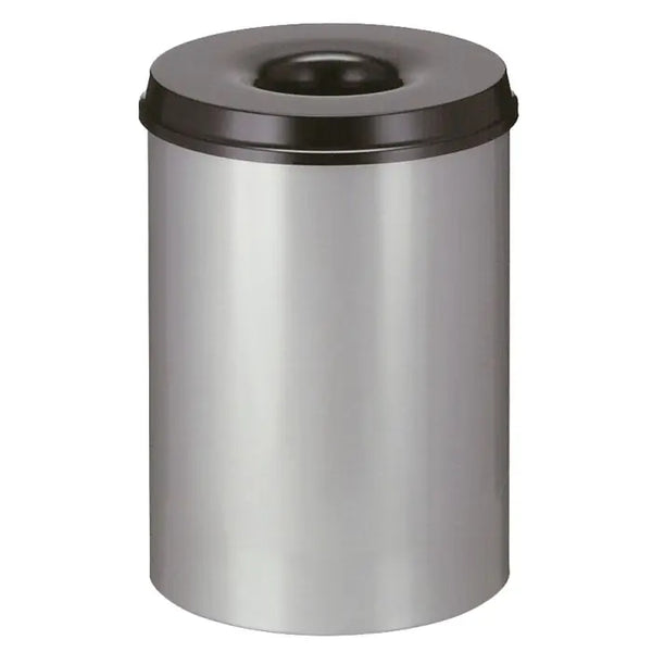 Aluminium grey powder coated body and black lidded self extinguishing waste paper bin with hole aperture