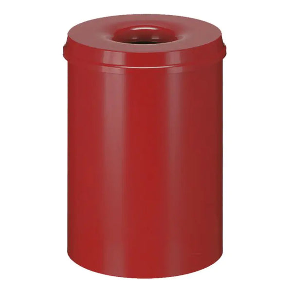 Round 30 litre self extinguishing waste paper bin, powder coated in red with red lid