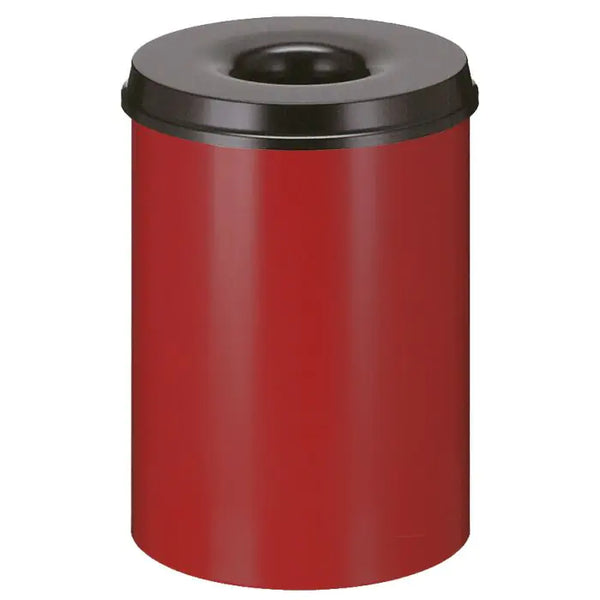 Freestanding circular litter bin with red body and black lid.  Circular aperture to the lid for waste disposal