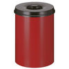 Freestanding circular litter bin with red body and black lid.  Circular aperture to the lid for waste disposal