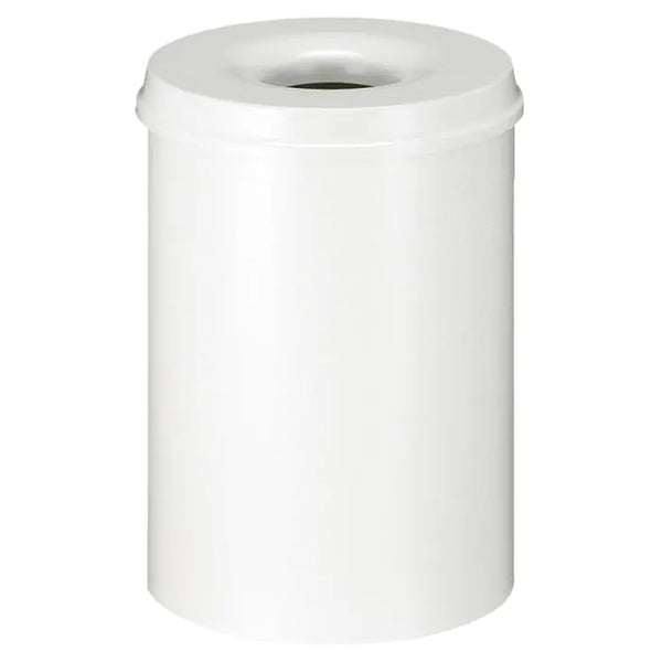 All white self extinguishing litter bin, 30 litre capacity with circular aperture for waste disposal