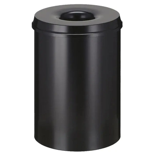 30 Litre circular waste paper bin, powder coated in black with black lid 