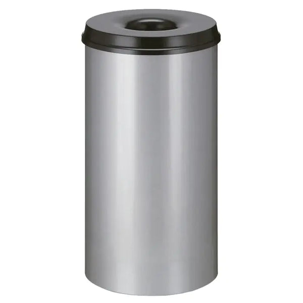 Aluminium body waste paper bin finished with off a black lid containing a hole aperture