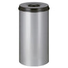 Aluminium body waste paper bin finished with off a black lid containing a hole aperture