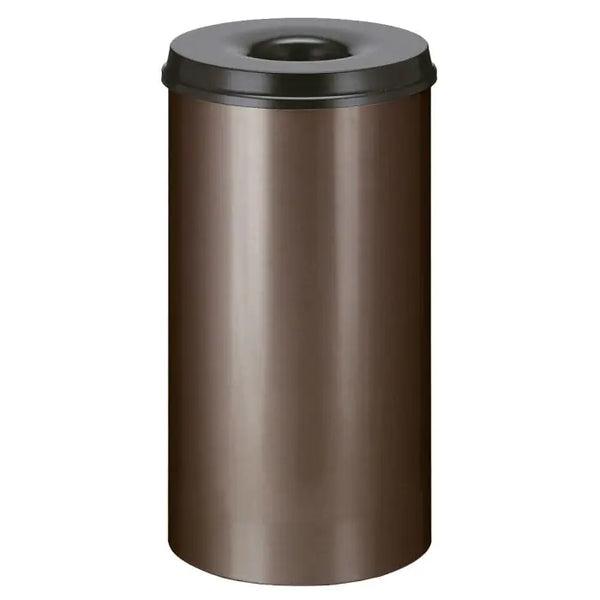 Freestanding self extinguishing waste paper bin, powder coated with a brown body and black lid
