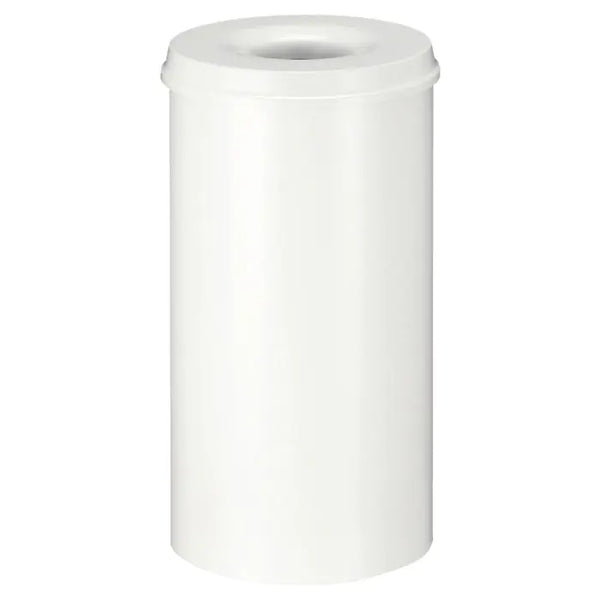Freestanding circular litter bin, powder coated in white with a white lid in a 50 litre capacity
