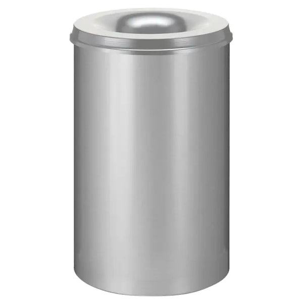 Silver 110 litre self extinguishing waste paper bin with hole aperture to the lid