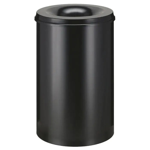 Large capacity self extinguishing waste paper bin, powder coated in black with black lid