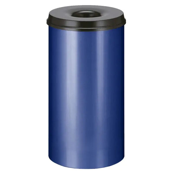 50 litre circular litter bin, powder coated in blue with a black lid and hole aperture for disposal of waste