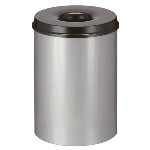 Aluminium grey body litter bin with black lid.  Circular aperture to the centre of the lid for waste disposal