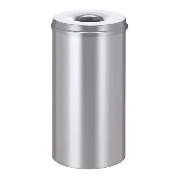 Stainless steel 50 litre self extinguishing waste paper bin.  Hole aperture in the lid