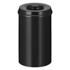 Black body and black lid waste paper bin.  Powder coated steel construction with hole aperture to the centre of the lid