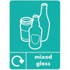 Mixed glass recycling a5 label in aqua with iconography and text