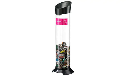 Freestanding battery bin with transparent body with recycled batteries inside the tube.  Magento label to the front