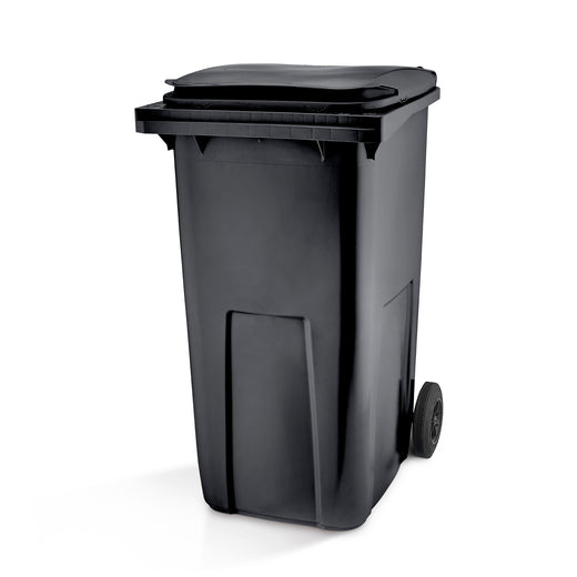 Black 240L Wheelie Bin with lid closed and white background