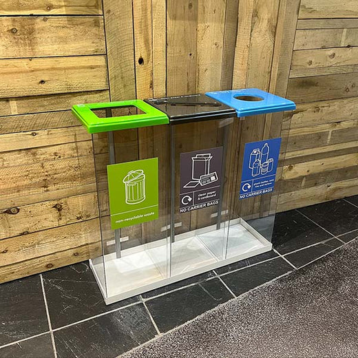 Triple box cycle recycing station, featuring 3 transparent bodies wth lime, grey and blue aperture lids