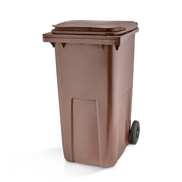 Brown Wheelie Bin with fluted front and sides, white background