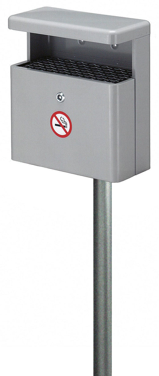 Post mounted non-corrosive aluminum cigarette ashtray box bin with rain cover.