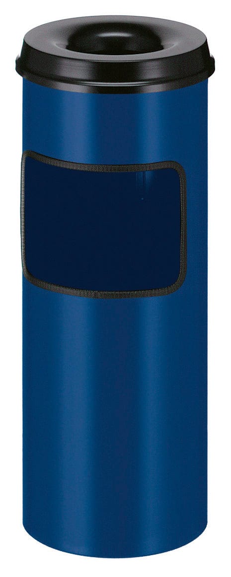 a blue recycling bin with black ashtray on top and a rectangular aperture on the side.