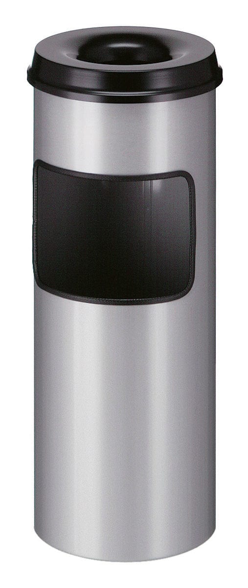 Waste bin in aluminum grey, equipped with a top ashtray for cigarette disposal and a side rectangular slot.