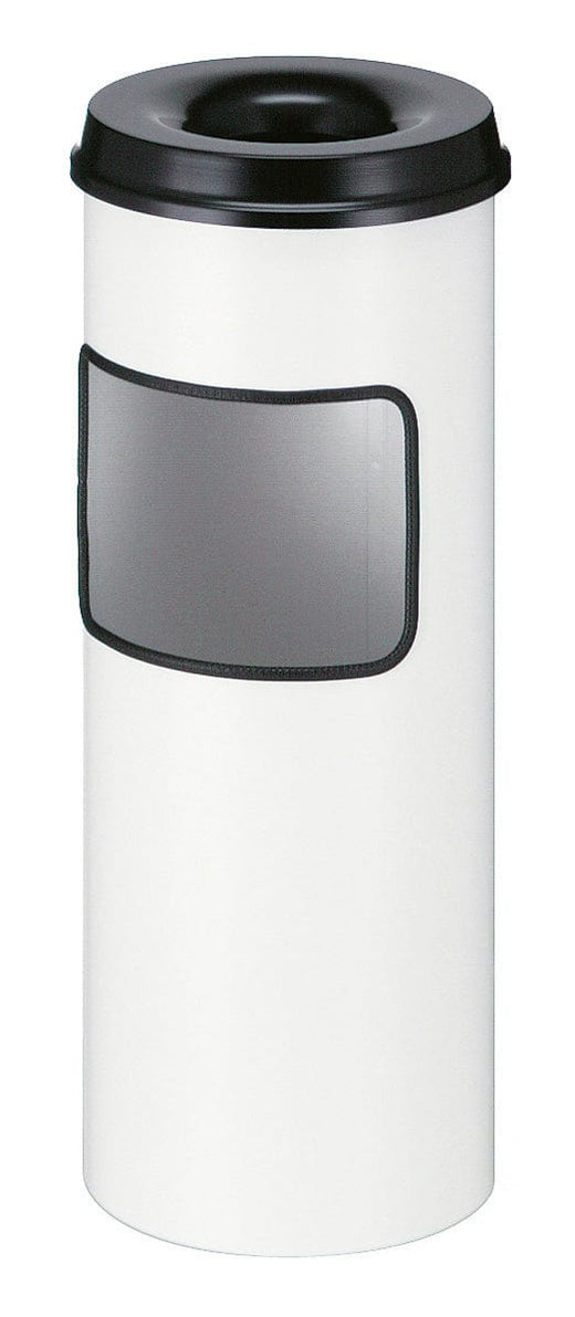  a white-bodied trash can with a black ashtray on top and a side rectangular opening.