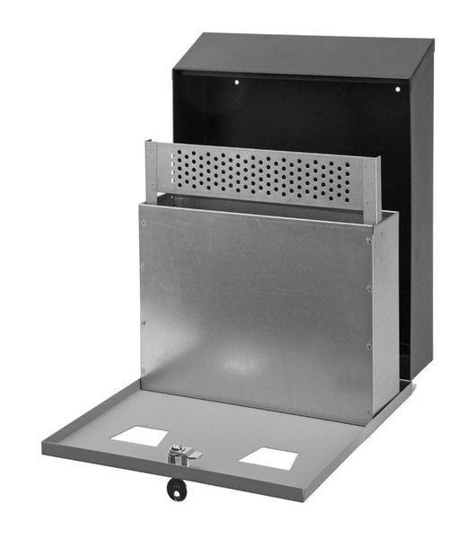 Cigarette bin with open front showing internal galvanised liner and grated stub plate 